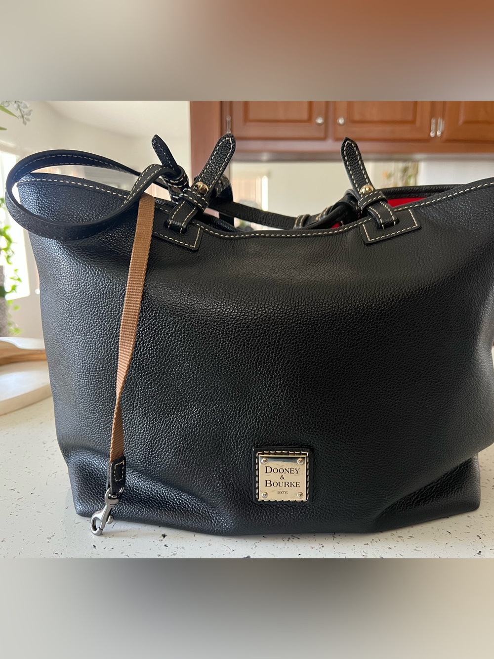 Dooney & Bourke Black Pebbled Leather Tote with Contrast Strap